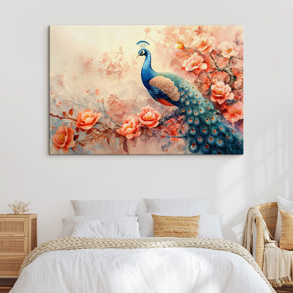 Majestueuze pauw te midden van levendige bloesems Canvas Schilderijen Majestueuze pauw te midden van levendige bloesems