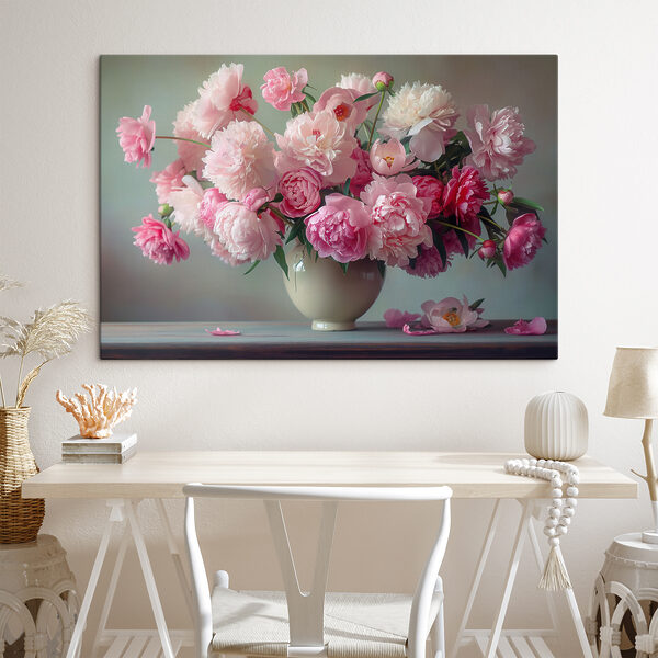 Vaas boordevol roze bloemen Canvas Schilderijen Vaas boordevol roze bloemen