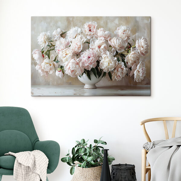 Pioenrozen in een witte vaas van keramiek Canvas Schilderijen Pioenrozen in een witte vaas van keramiek
