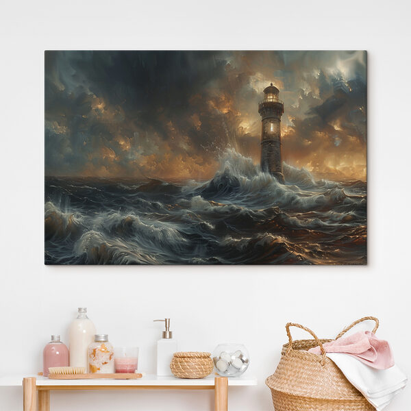 Vuurtoren torent boven stormachtige golven uit Canvas Schilderijen Vuurtoren torent boven stormachtige golven uit
