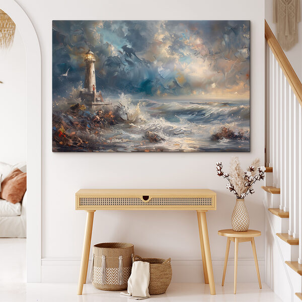 Schilderij van een vuurtoren in de oceaan Canvas Schilderijen Schilderij van een vuurtoren in de oceaan