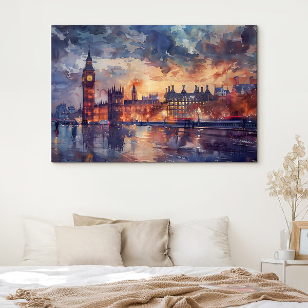 Big Ben bij schemering, aquarel tafereel Canvas Schilderijen Big Ben bij schemering, aquarel tafereel