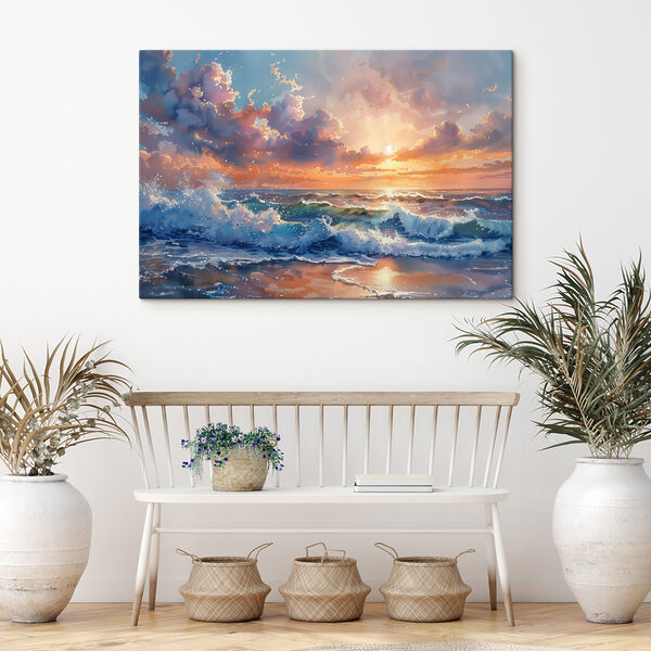 Schilderij van golven op een strand Canvas Schilderijen Schilderij van golven op een strand