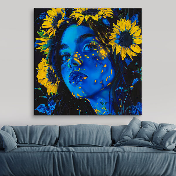 Vrouw met zonnebloemen in haar haar Canvas Schilderijen Vrouw met zonnebloemen in haar haar