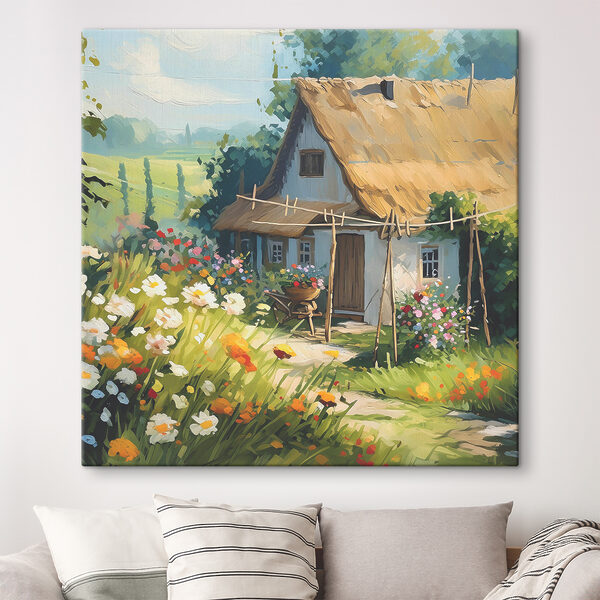 Charmant huisje omringd door levendige bloemen Canvas Schilderijen Charmant huisje omringd door levendige bloemen