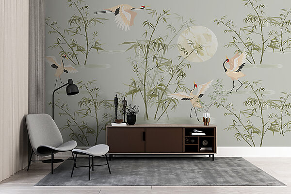 Kraanvogels en bamboe onder de maan Fotobehang Kraanvogels en bamboe onder de maan
