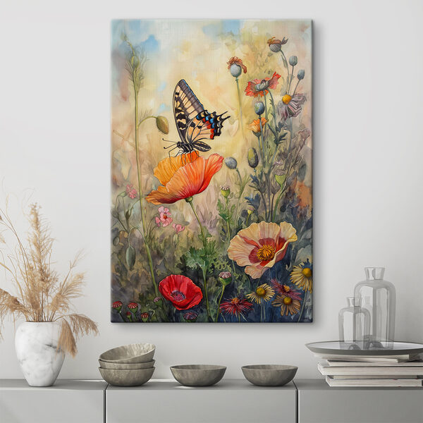 Vlinder landt op levendige bloesem Canvas Schilderijen Vlinder landt op levendige bloesem