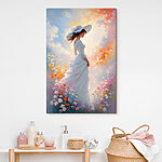 Canvas Schilderijen Vrouw in witte jurk tussen bloemen.