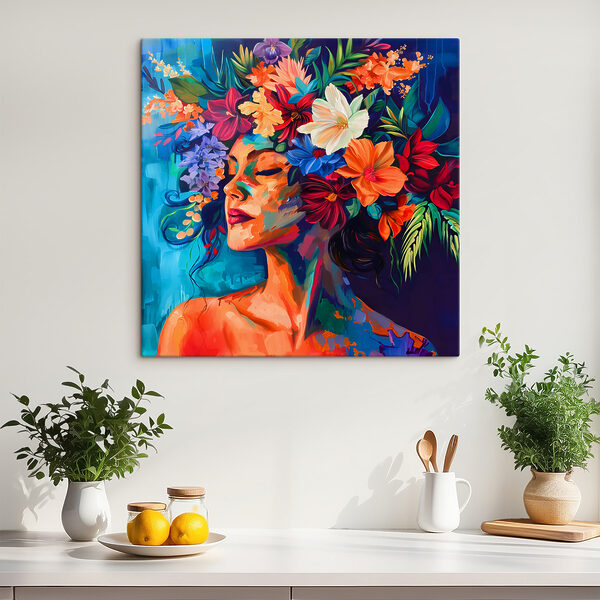 Schilderij van een vrouw met bloemen in haar haar Canvas Schilderijen Schilderij van een vrouw met bloemen in haar haar