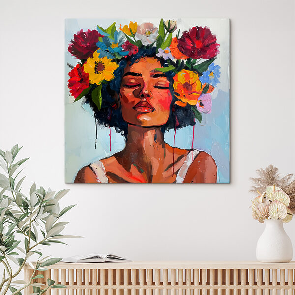 Schilderij van een vrouw met bloemen in haar haar Canvas Schilderijen Schilderij van een vrouw met bloemen in haar haar