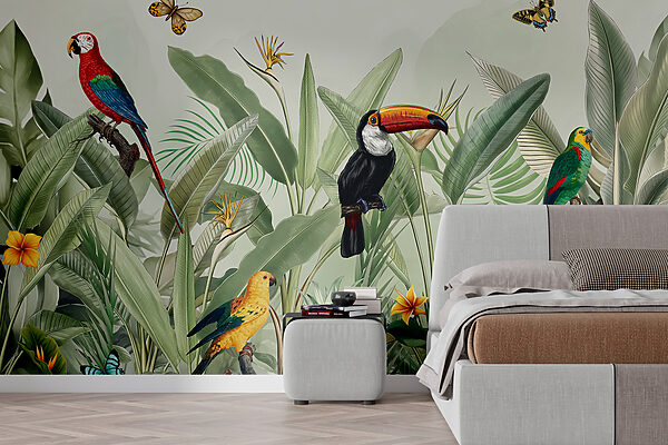 Levendige vogels in weelderige jungle Fotobehang Levendige vogels in weelderige jungle