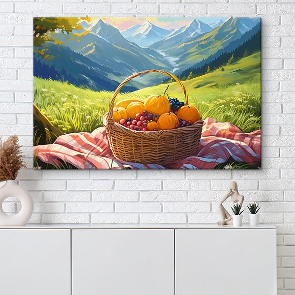 Fruitmand op een deken Canvas Schilderijen Fruitmand op een deken