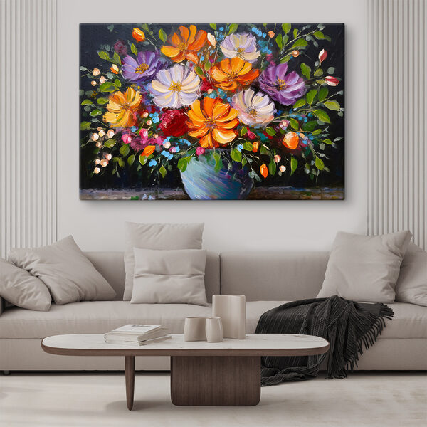 Kleurrijke bloemen in een turquoise vaas Canvas Schilderijen Kleurrijke bloemen in een turquoise vaas