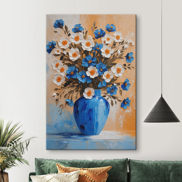 Schilderij van bloemen in een blauwe vaas Canvas Schilderijen Schilderij van bloemen in een blauwe vaas