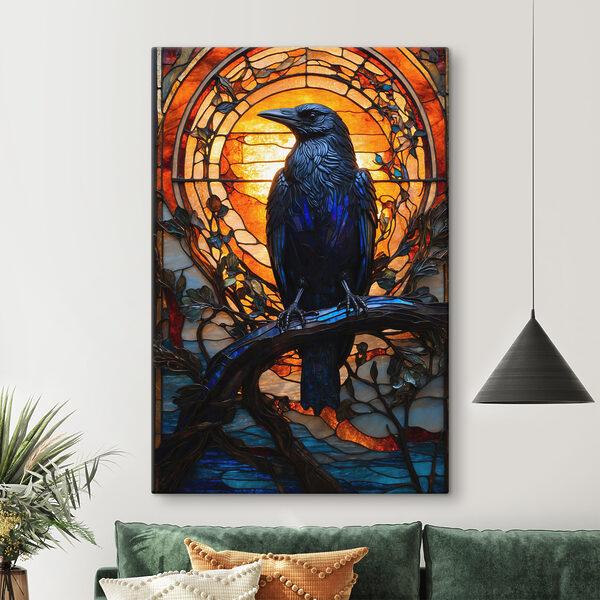 Glas-in-loodraam met een vogel op een tak Canvas Schilderijen Glas-in-loodraam met een vogel op een tak