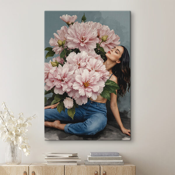 Serene schoonheid tussen bloeiende pioenen Canvas Schilderijen Serene schoonheid tussen bloeiende pioenen