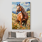 Canvas Schilderijen Majestueus paard in levendige weide.