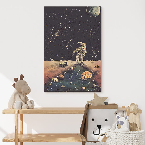 Astronaut maait 's nachts het gras van de ruimte Canvas Schilderijen Astronaut maait 's nachts het gras van de ruimte