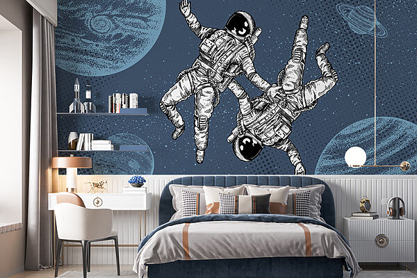 Twee astronauten zweven in de ruimte Fotobehang Twee astronauten zweven in de ruimte