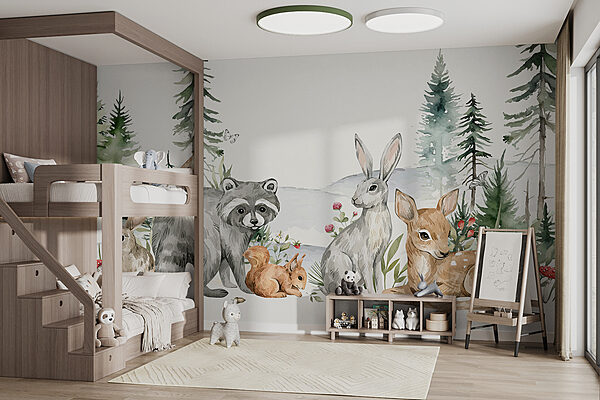 Groep dieren in een bos Fotobehang Groep dieren in een bos