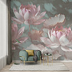 Fotobehang Pastelkleurige lotusbloemen te midden van bladeren