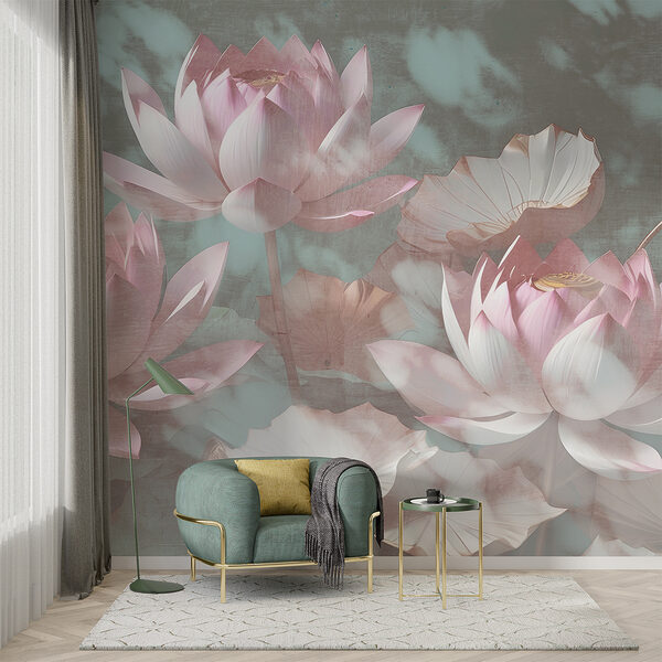 Pastelkleurige lotusbloemen te midden van bladeren Fotobehang Pastelkleurige lotusbloemen te midden van bladeren