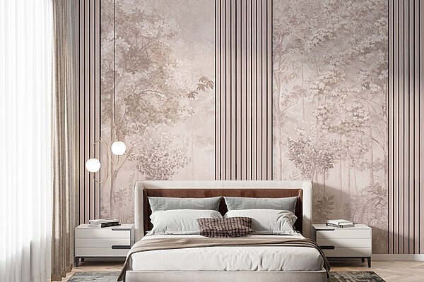 Fotobehang Boom met bladeren in een mistig bos