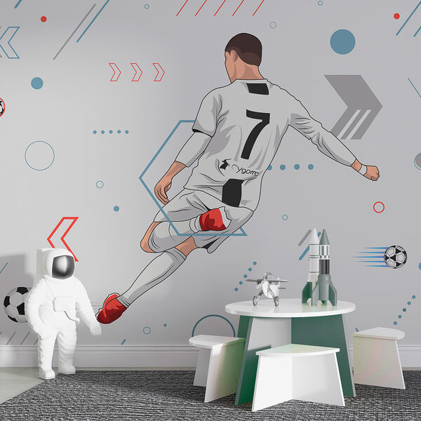 Speler trapt krachtig tegen voetbal Fotobehang Speler trapt krachtig tegen voetbal
