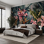 Fotobehang Weelderige jungle met levendige roze bloemen