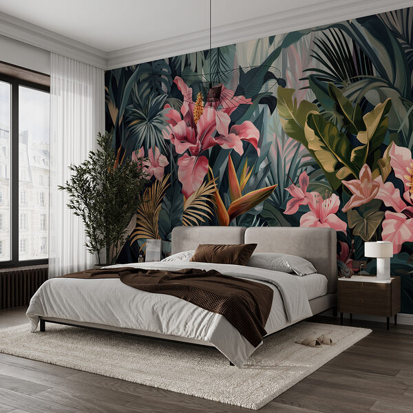 Weelderige jungle met levendige roze bloemen Fotobehang Weelderige jungle met levendige roze bloemen