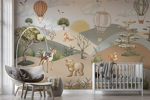 Landschap met dieren en heteluchtballonnen Fotobehang Landschap met dieren en heteluchtballonnen