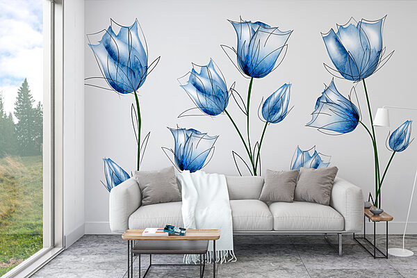 Delicate blauwe bloemen in bloei Fotobehang Delicate blauwe bloemen in bloei