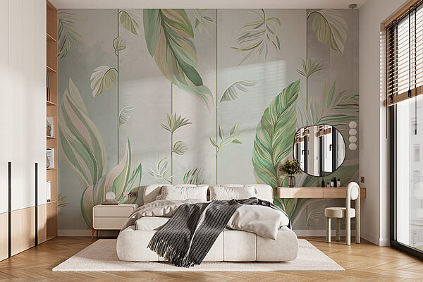 Fotobehang Pastelkleurige bladeren op elegant patroon