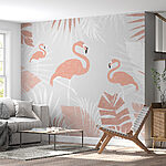 Fotobehang Flamingo's tussen tropische bladeren patroon.