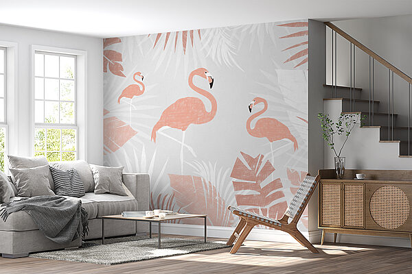 Flamingo's tussen tropische bladeren patroon Fotobehang Flamingo's tussen tropische bladeren patroon