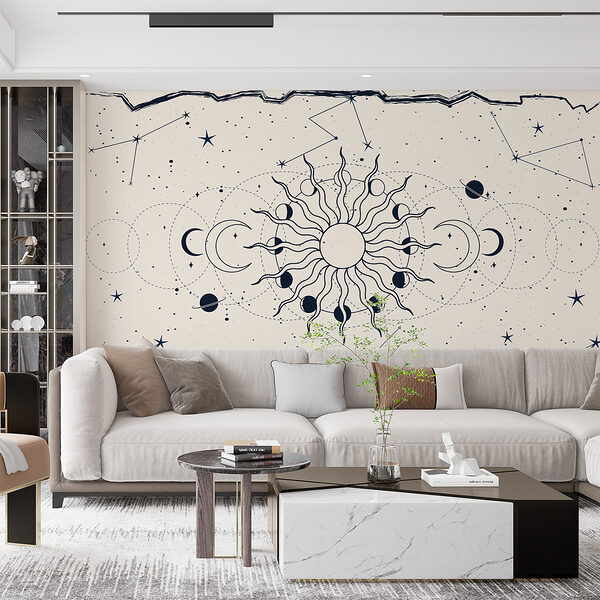 Tekening van de zon en de maan Fotobehang Tekening van de zon en de maan