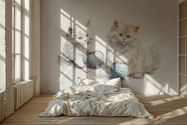 Aquarel van een kat spelend met een bal Fotobehang Aquarel van een kat spelend met een bal