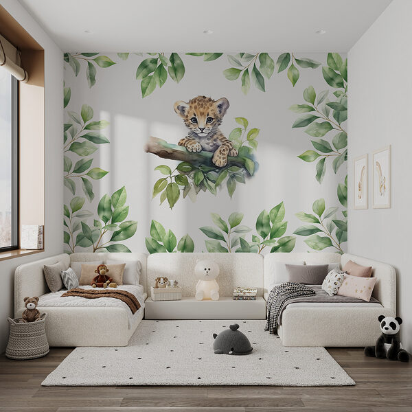 Aquarel van een babyluipaard op een boomtak Fotobehang Aquarel van een babyluipaard op een boomtak