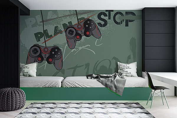 Fotobehang Videogamecontroller aan een muur