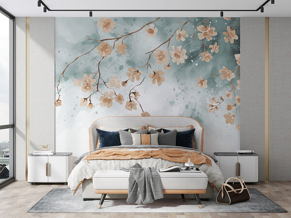 Aquarelbloesems op zachte takken Fotobehang Aquarelbloesems op zachte takken