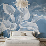 Fotobehang Witte bloemen op een blauwe achtergrond