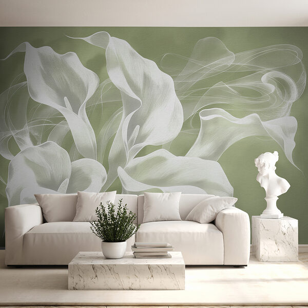 Delicate witte aronskelken op groen Fotobehang Delicate witte aronskelken op groen