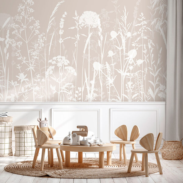 Fotobehang Witte silhouetten van bloemen