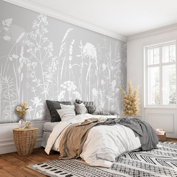 Fotobehang Witte bloem met grijze achtergrond