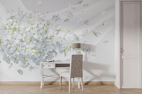 Witte bloemen vliegen in de lucht Fotobehang Witte bloemen vliegen in de lucht