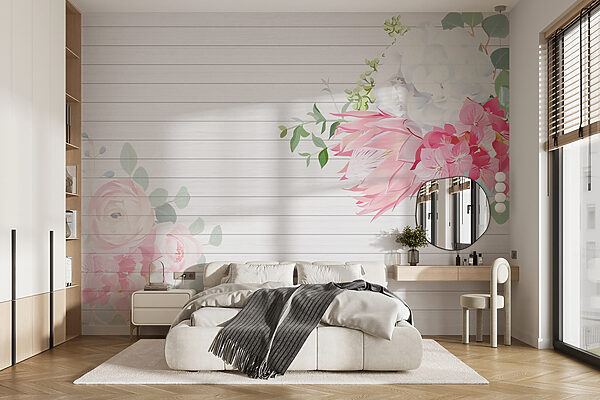 Witte en roze bloemen op een witte achtergrond Fotobehang Witte en roze bloemen op een witte achtergrond