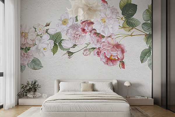 Fotobehang Fotobehang Schilderij van bloemen op een wit oppervlak (Artikelnummer: w01310)