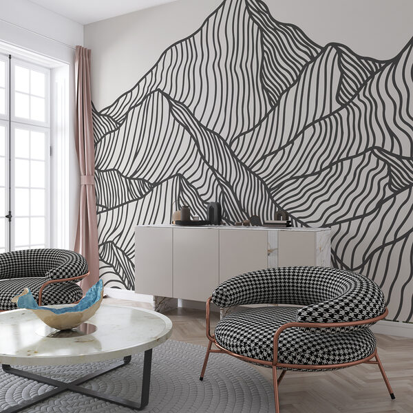 Fotobehang Zwart-wit tekening van een bergketen
