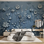 Fotobehang Grijze muur met bloemen en bladeren