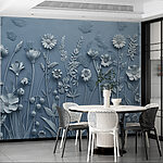 Fotobehang Grijze muur met bloemen en bladeren